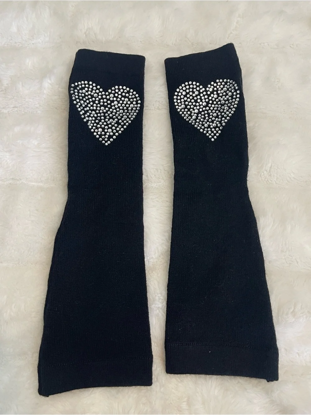 Black Fingerless Gloves with Rhinestone Heart Accent - Women Accessories
